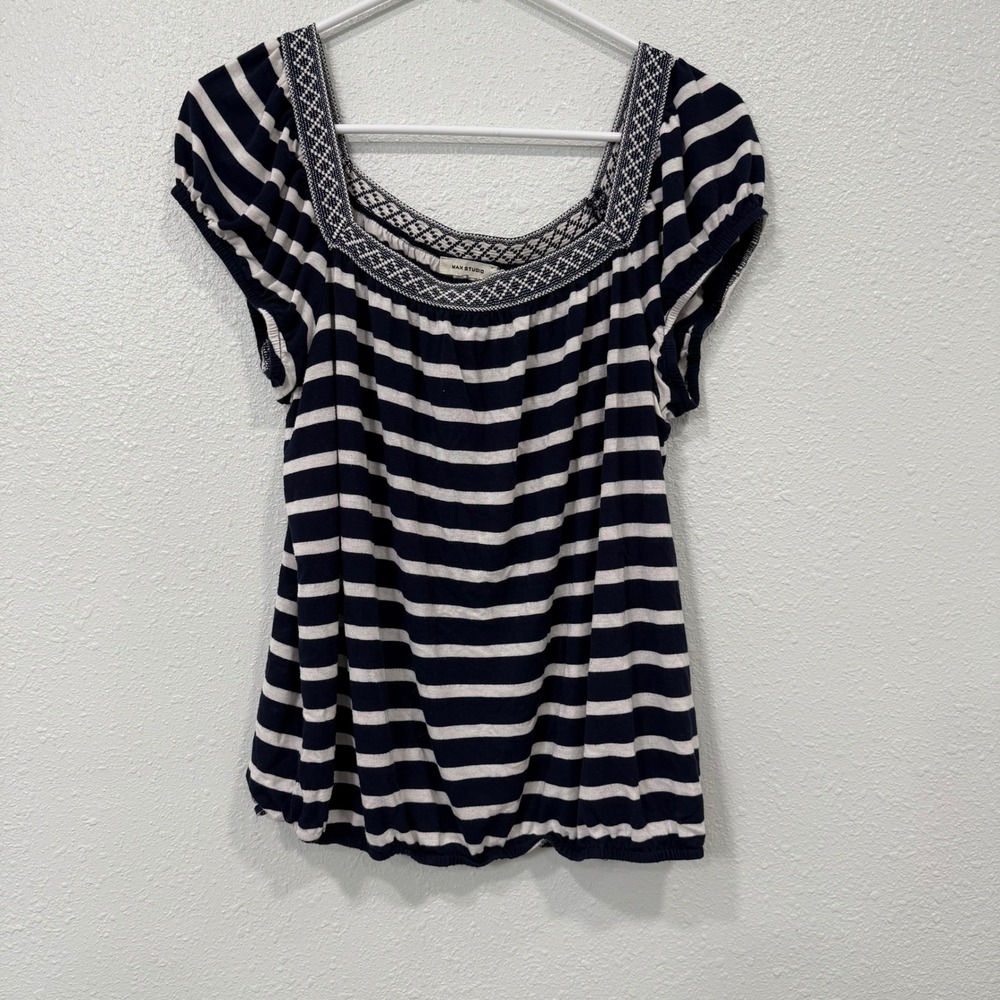 MAX STUDIO Navy White Stripe Square Neck Short Sleeve Boho Top Women's M